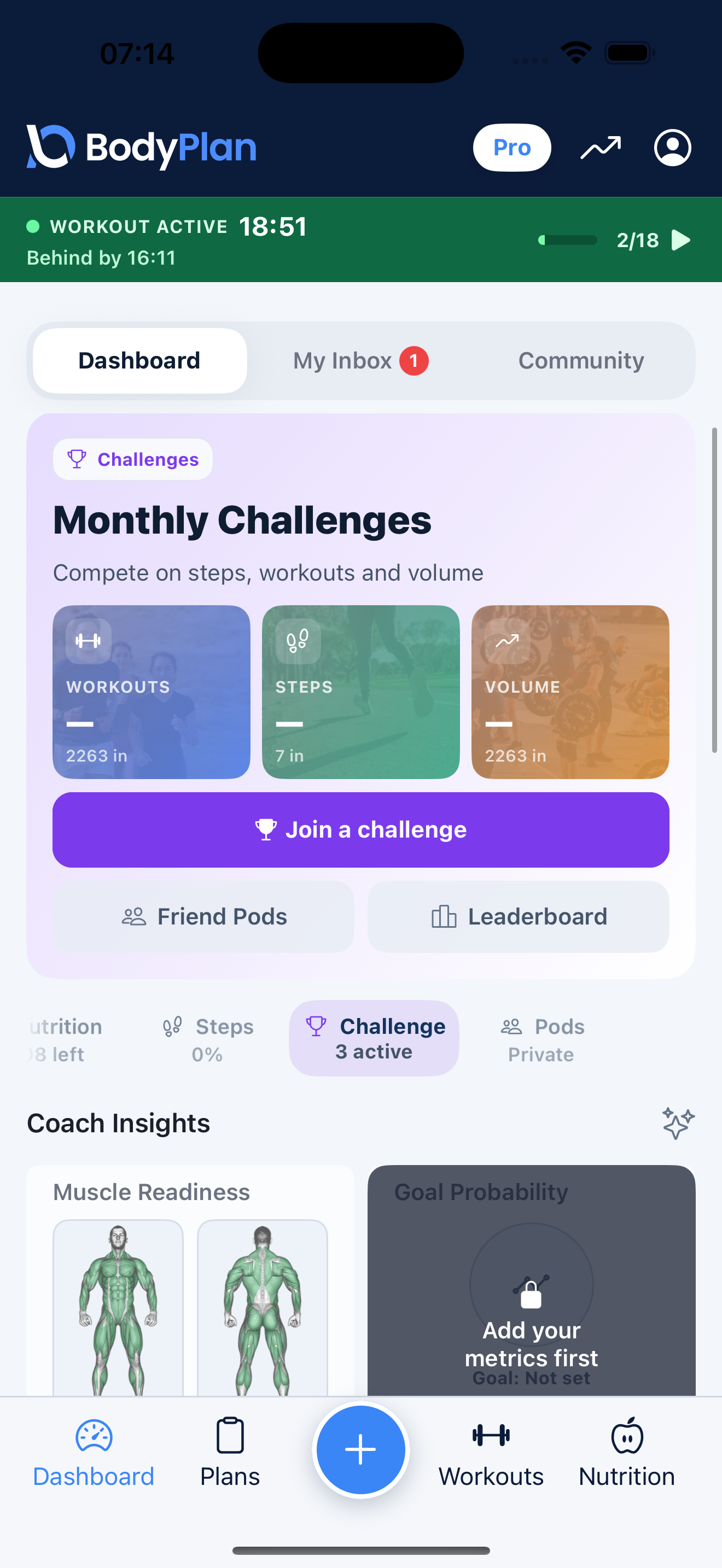 BodyPlan monthly challenge leaderboard and friend pods