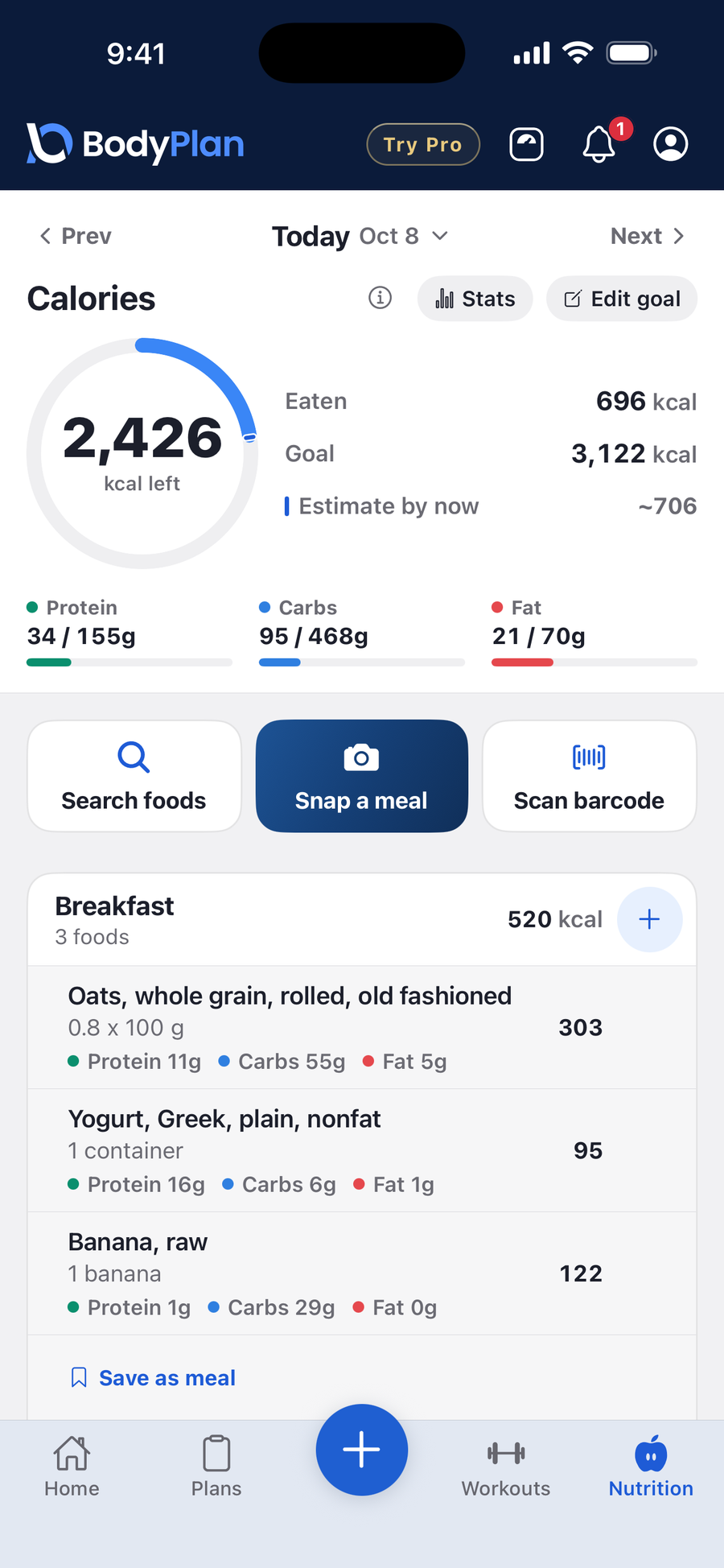 BodyPlan nutrition tracking with daily calories and macros