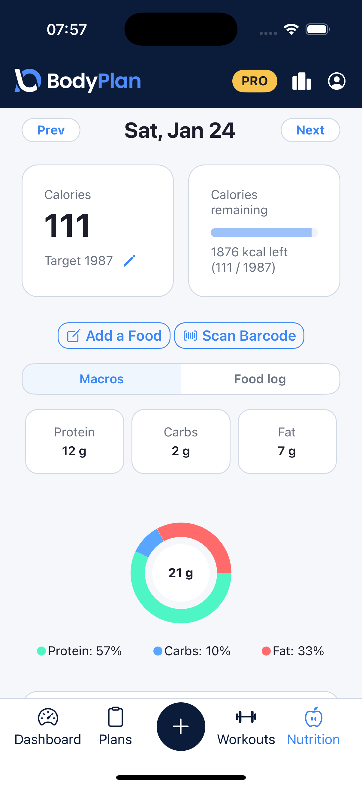 BodyPlan macro tracking showing protein logged against a daily target