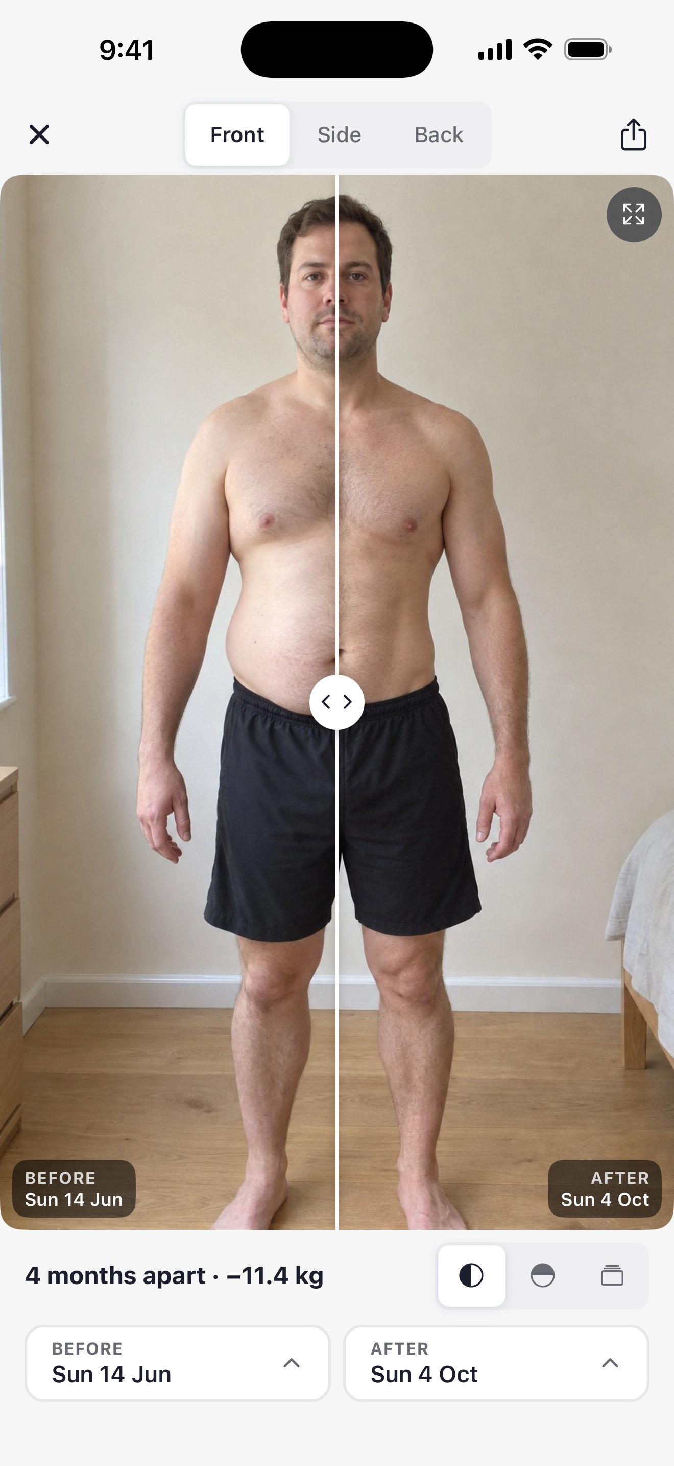 Progress photo comparison sliding between a before and an after photo