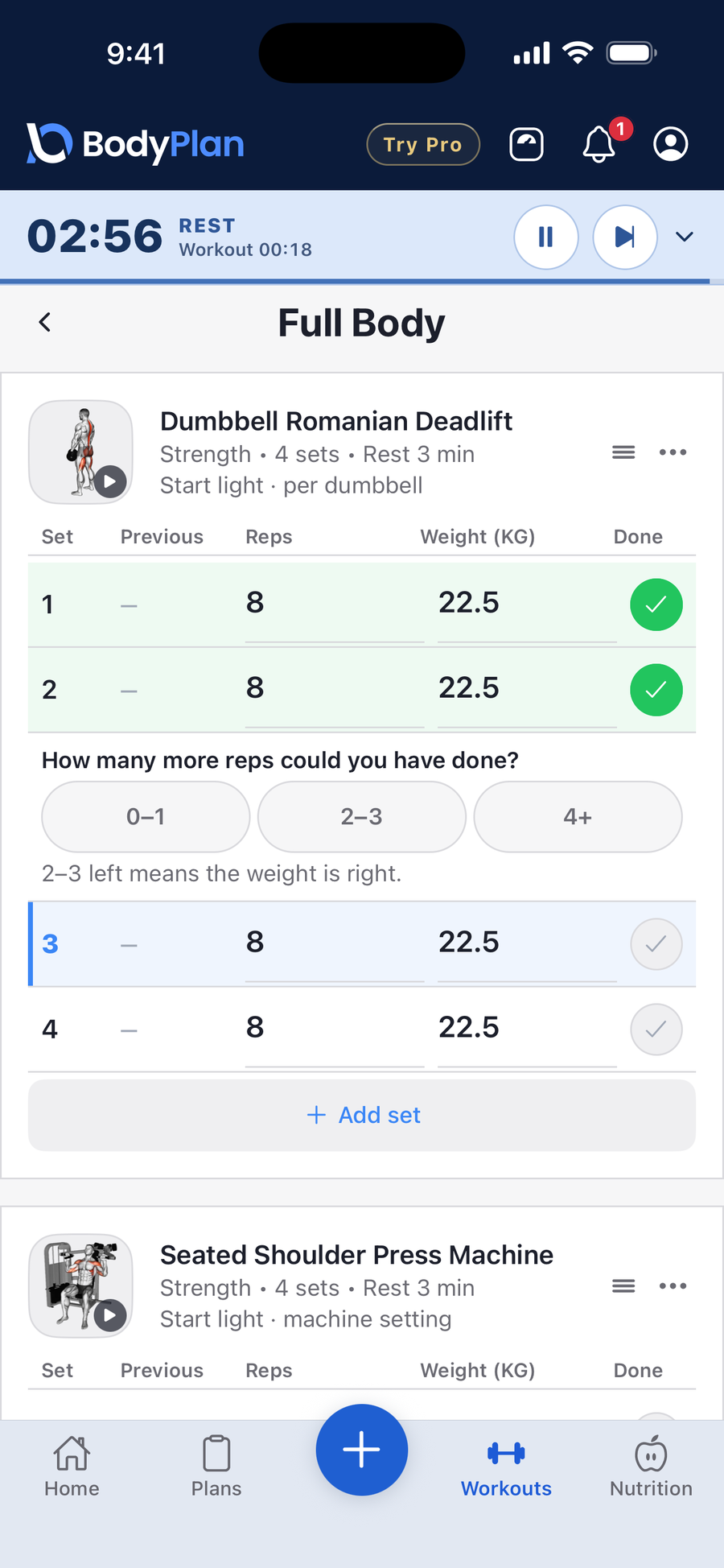 A guided BodyPlan workout session with sets and a rest timer